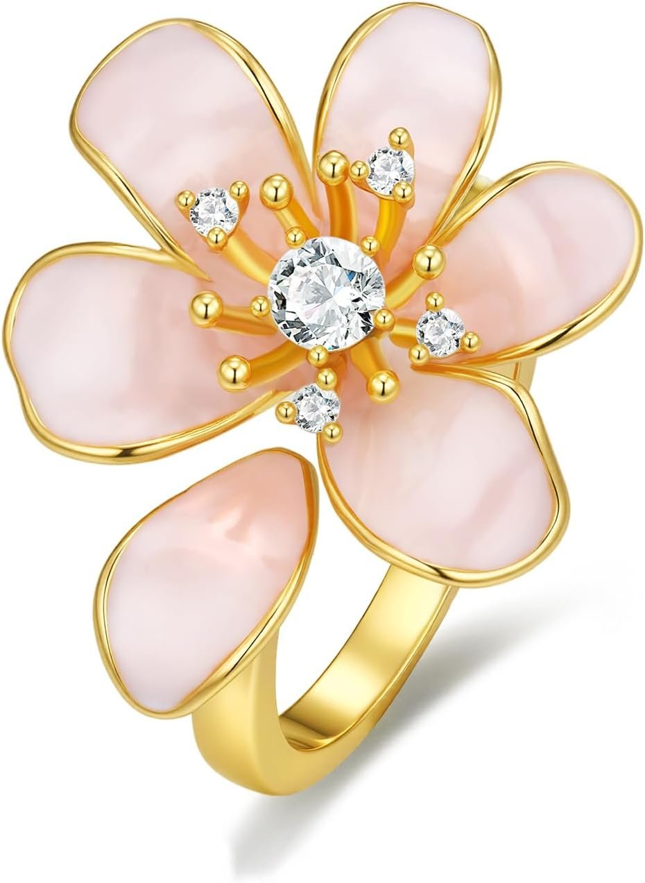 Gold Rose Pink Enamel Floral CZ FULLY ADJUSTABLE Statement Open Ring for Women by SNGIA, Daisy Orchid Flower Leaf Summer Beach Handmade Unique Pinky Band, Chunky Sunflower Stackable Cute Cuff Cocktail Ring Birthday Gift, Natural Bold Exaggerated Irregular Trendy Jewelry, Fashion Accessories, Vintage Nickle Free Gifts.