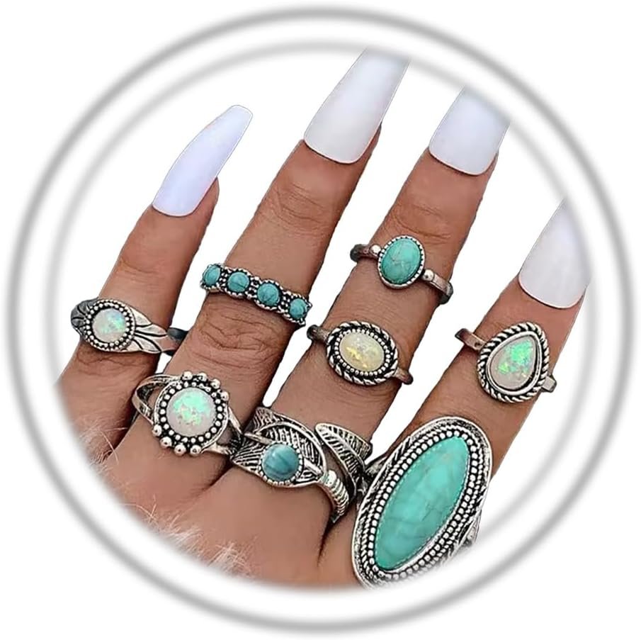 Bohemian Turquoise Ring Set for Women,Vintage Western Rings Chunky Turquoise Opal Stackable Knuckle Ring Set Punk Midi Finger Ring Pack Boho
