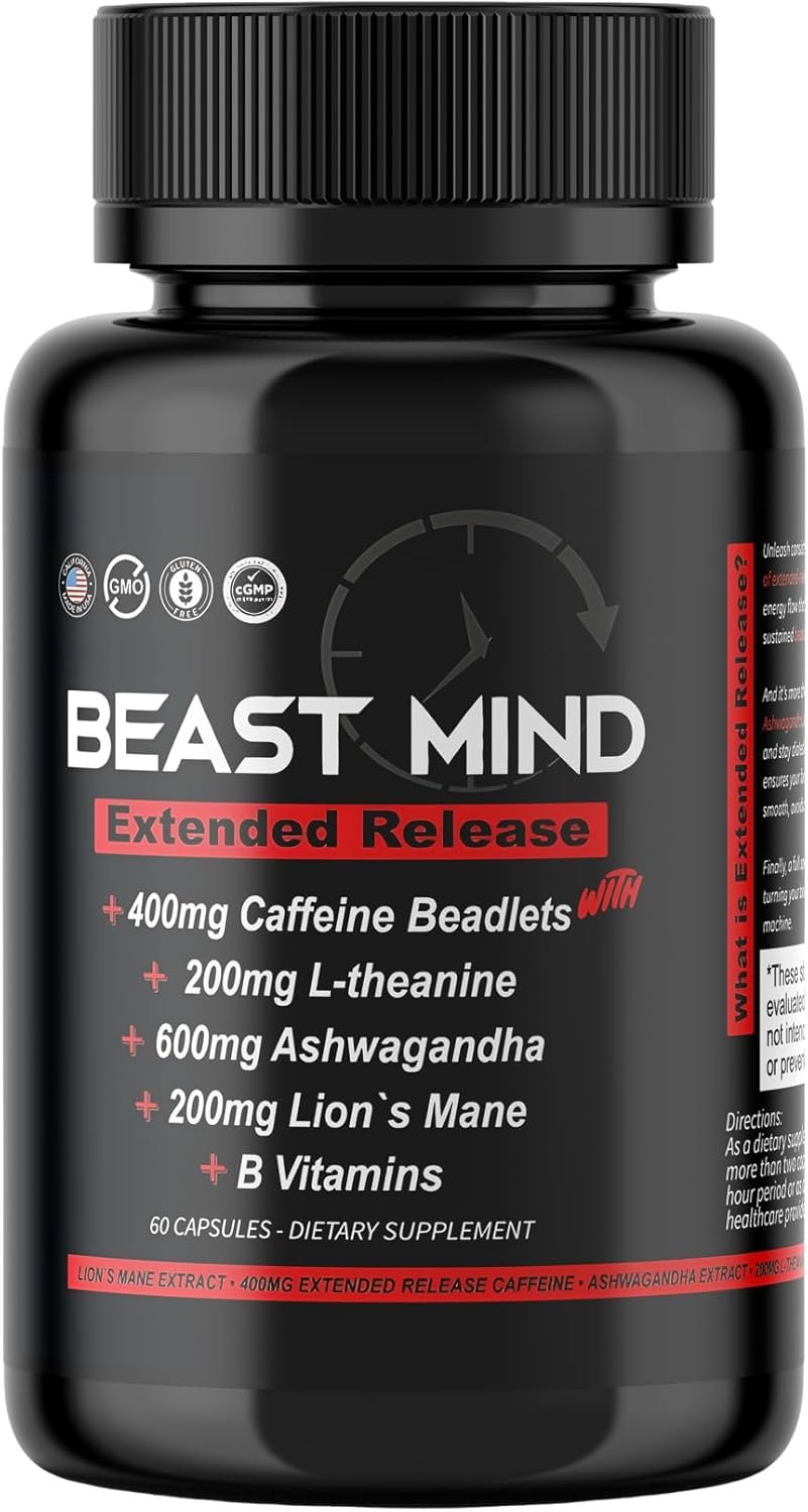 Beast Mind Extended Release Extreme Energy Pills | 400mg XR Caffeine | 600mg Ashwagandha | 200mg Lion’s Mane, Increased Energy & Focus, Natural Nootropic Labs