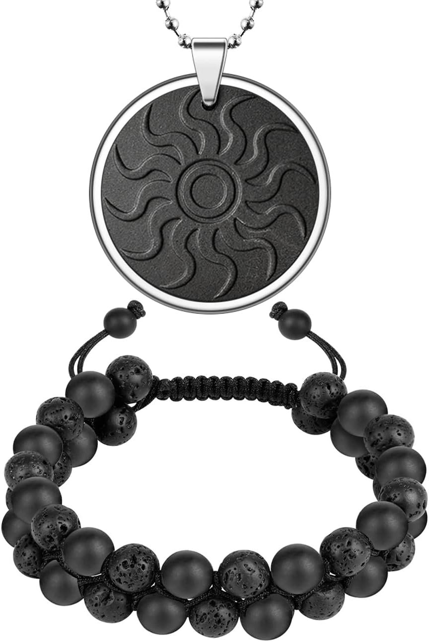 Necklace Pendant and Bracelet and Sticker (3 in 1 SET), Pendant – Metal Frame Protection, Bracelet – Two Layers of Beads, Sticker – Shungite Protection, Reduce Anxiety, Relieve Stress, for Women/Men