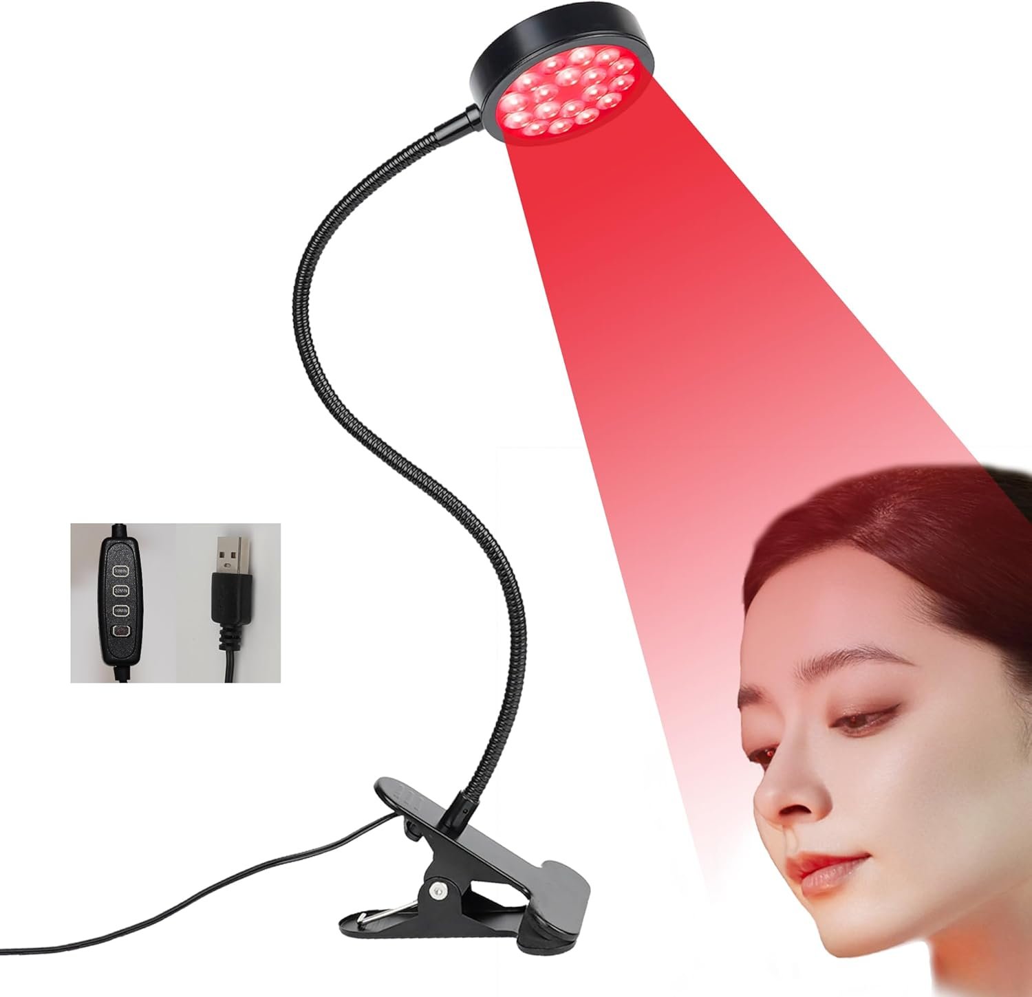 Red Light Therapy Lamp with Adjustable Gooseneck – 660nm & 850nm Dual Wavelength, USB-Powered, with Timer for Home Use