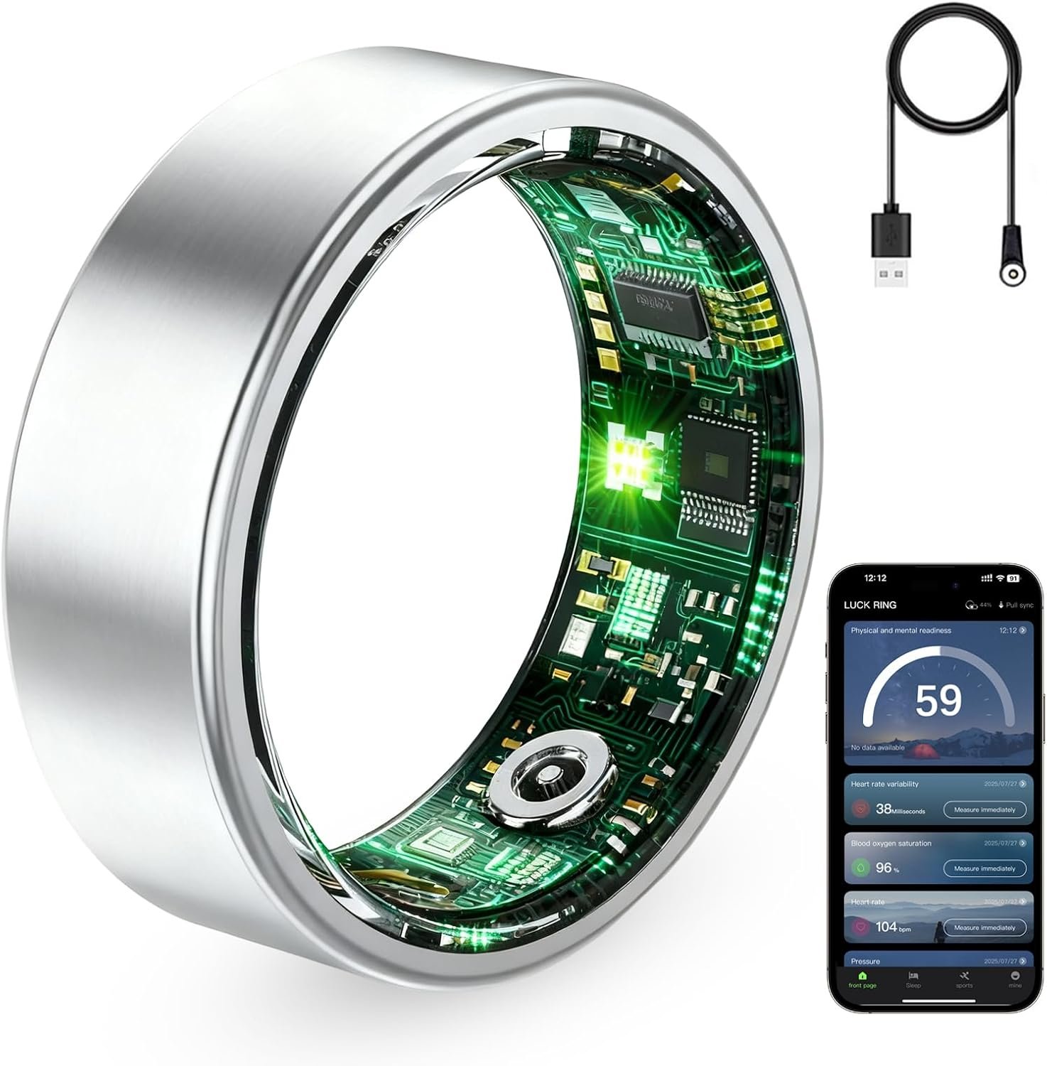Smart Ring for Women & Men, Fitness Tracker Ring with Heart Rate Monitor, HRV, Sleep Tracking, No Subscription Fee, 10ATM Waterproof Activity Ring for iPhone & Android (Silver, 7#)