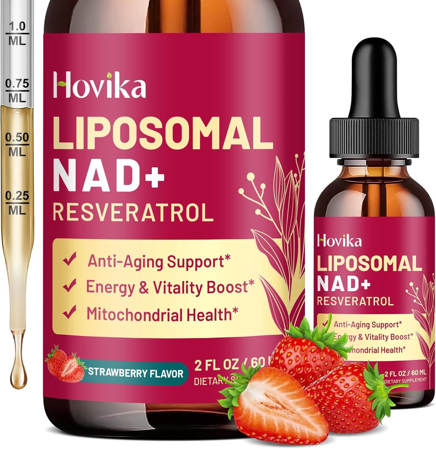 Liposomal NAD Supplement – 1200mg NAD+ Liquid Drops for Women & Men with Resveratrol, Black Pepper Extract – Support Anti-Aging, Brain & Cellular Mitochondrial Health – 2 Fl Oz, Strawberry Flavor