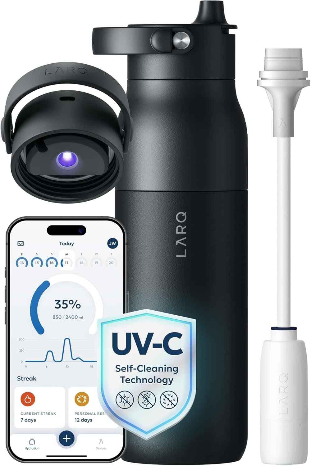 LARQ PureVis 2 Self Cleaning Water Bottle – UV Water Purifier with Filter Straw, Smart App Hydration Tracking, Insulated Stainless Steel