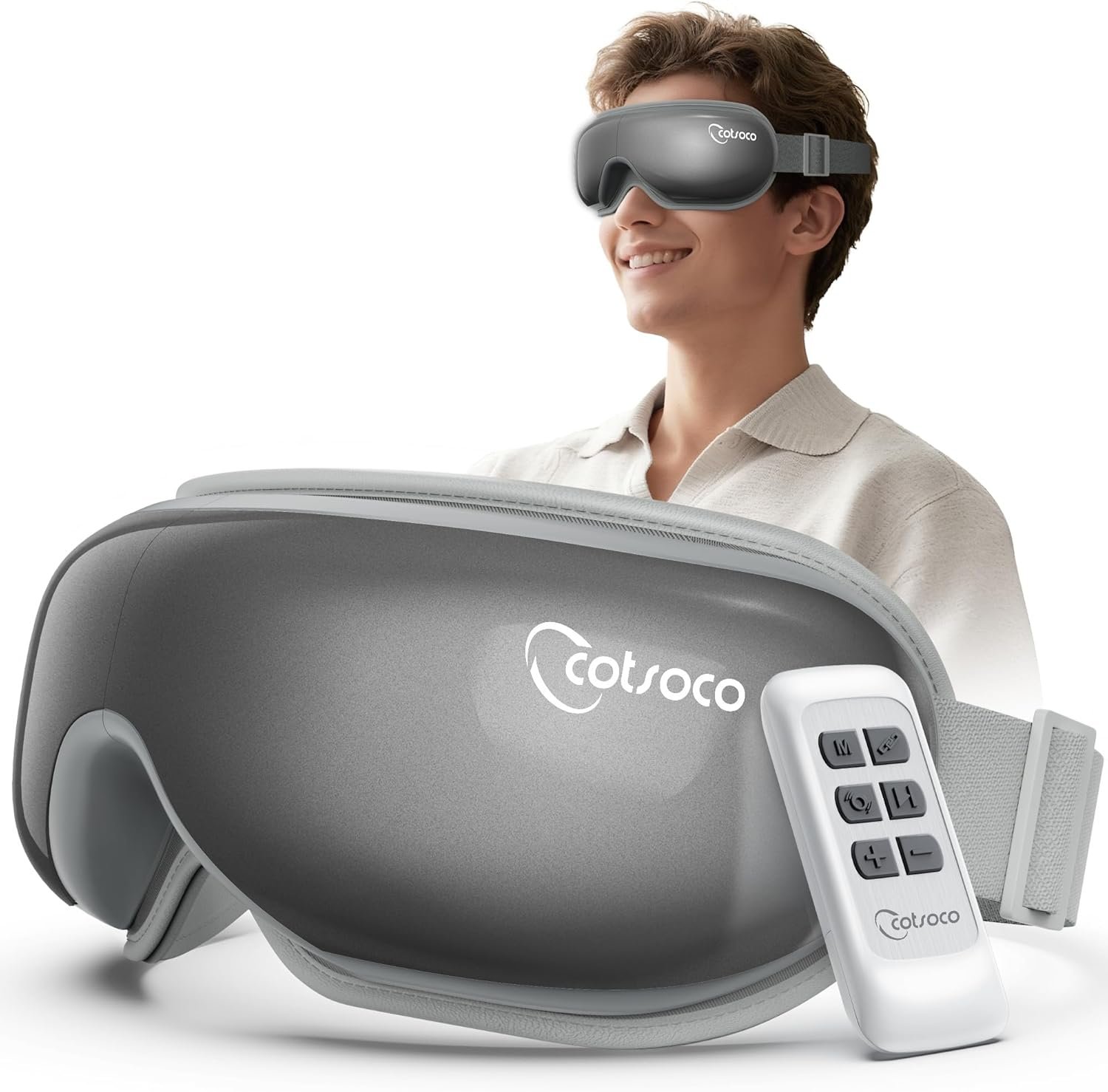 cotsoco Eye Massager with Heat, Remote, and Compression, Adjustable Foldable Sleep Mask for Relaxing Eyes and Better Sleep, Migraine Relief Device, Birthday Gifts for Women Men Her Him-Gray