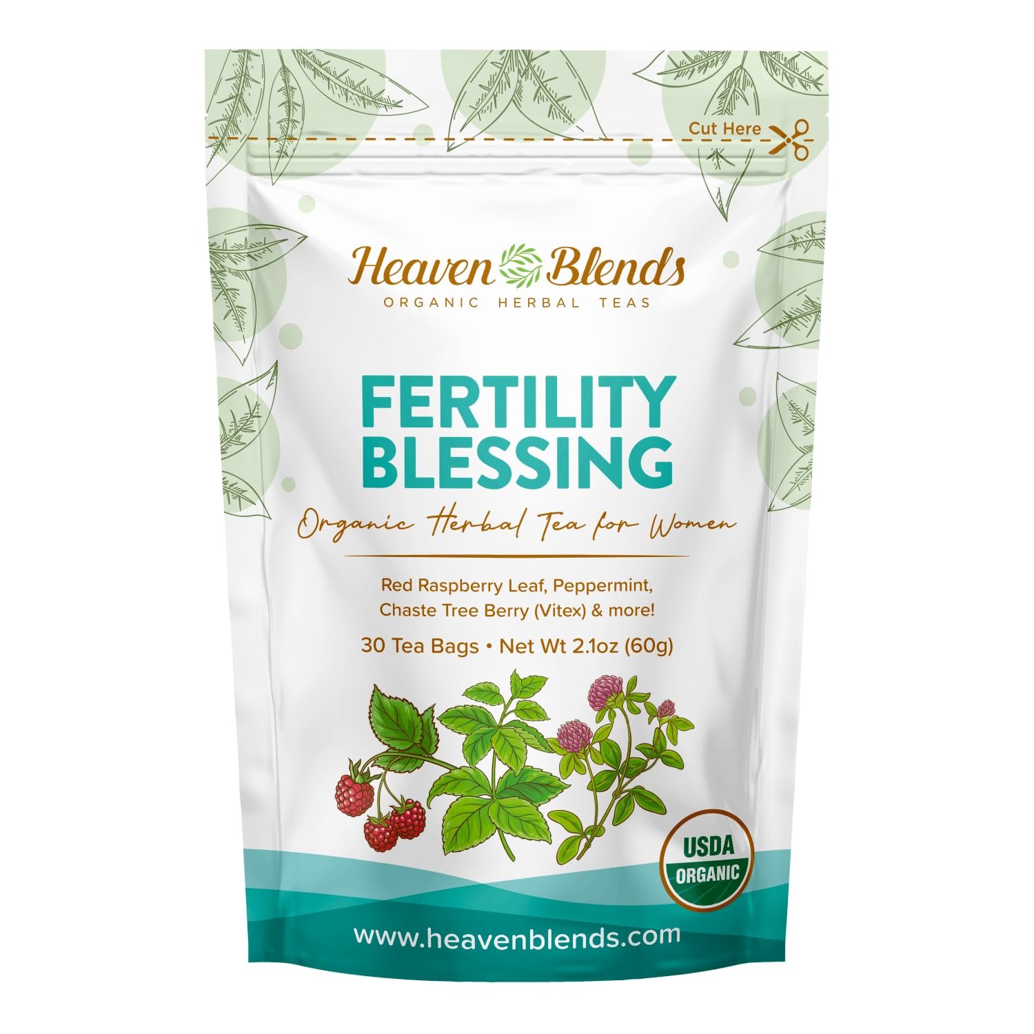 Heaven Blends Fertility Blessing Tea for Women – USDA Organic – Red Raspberry Leaf, Peppermint, Chaste Tree Berry (Vitex), Red Clover, Nettle & Licorice, Caffeine-Free, Sugar-Free, 30 Sachets