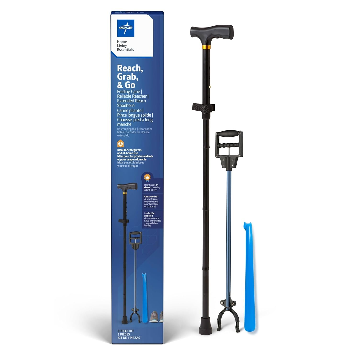 Medline Multi-Tool Mobility Kit for Caregivers, Seniors and Adults: Cane, Reacher, Shoe Horn for Elderly, Seniors, Adult, Women, Men – 1 Ct.