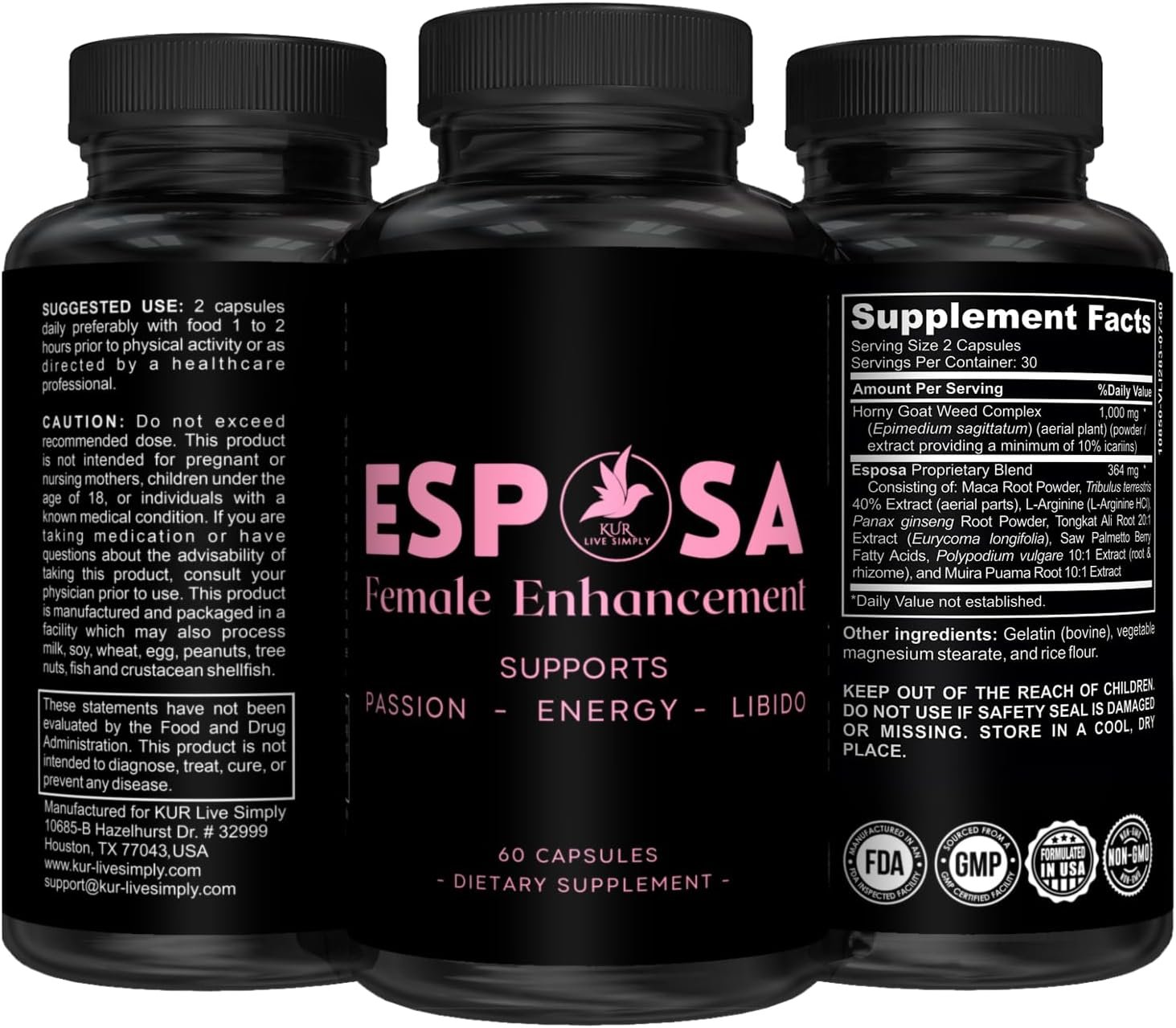 Esposa Female Libido Support for Women – Reignite Passion, Increase Energy & Sensitivity, Boost Mood & Desire – Made in USA Natural Female Enhancement Supplement with Horny Goat Weed – 60 Pills