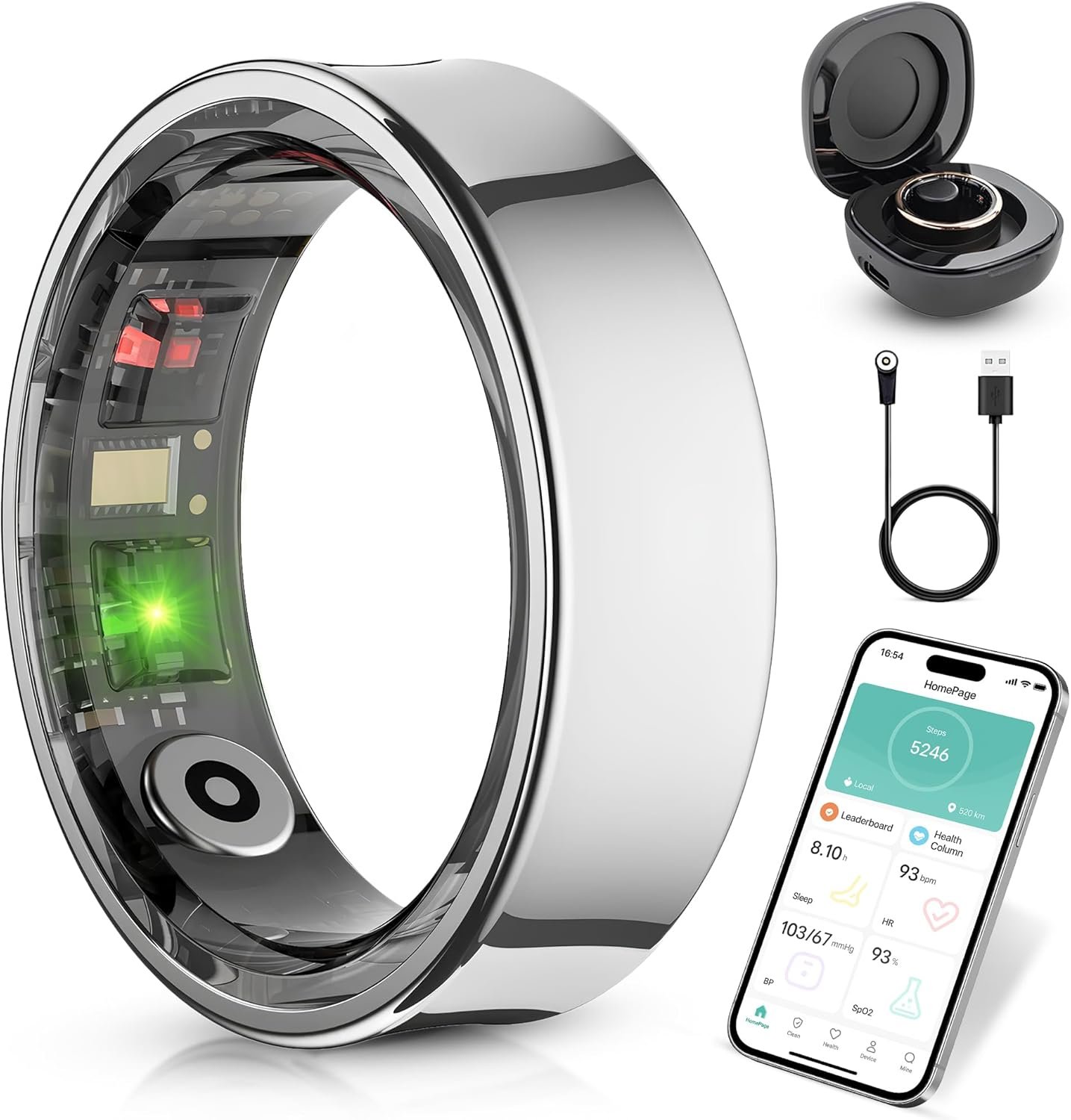 Health Tracker Rings, Smart Rings for Women Men with Heart Rate, Sleep Tracking Wearable, Steps,Calories, No Subscription Fee, IP68 Waterproof Smart Ring for iOS & Android Silver – Size 8