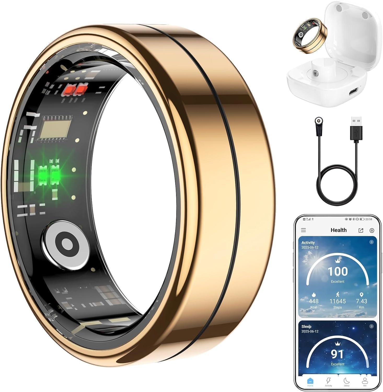 Fit Ring for Women Men, Fitness Ring with Heart Rate,Blood Oxygen,Heart Rate Variability, Stress, Sleep Monitor, Step Counter, Smart Ring for iPhone & Android, No Subscription Fee (Gold, 9#)