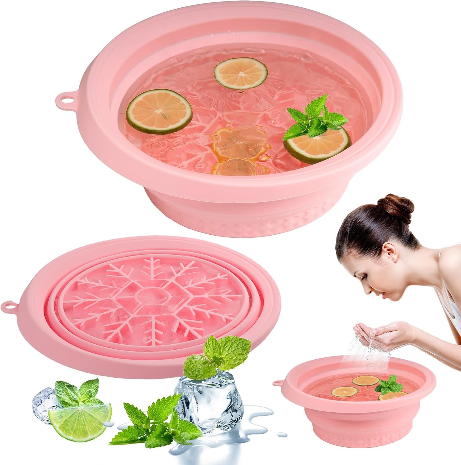 Ice Bowl for Face with Built-in Ice Tray, Foldable Silicone Face Bowl for Ice, Facial Ice Bath Bowl, Skin Tightening & Acne Relief, Portable Ice Face Bowl for Home Travel – Pink