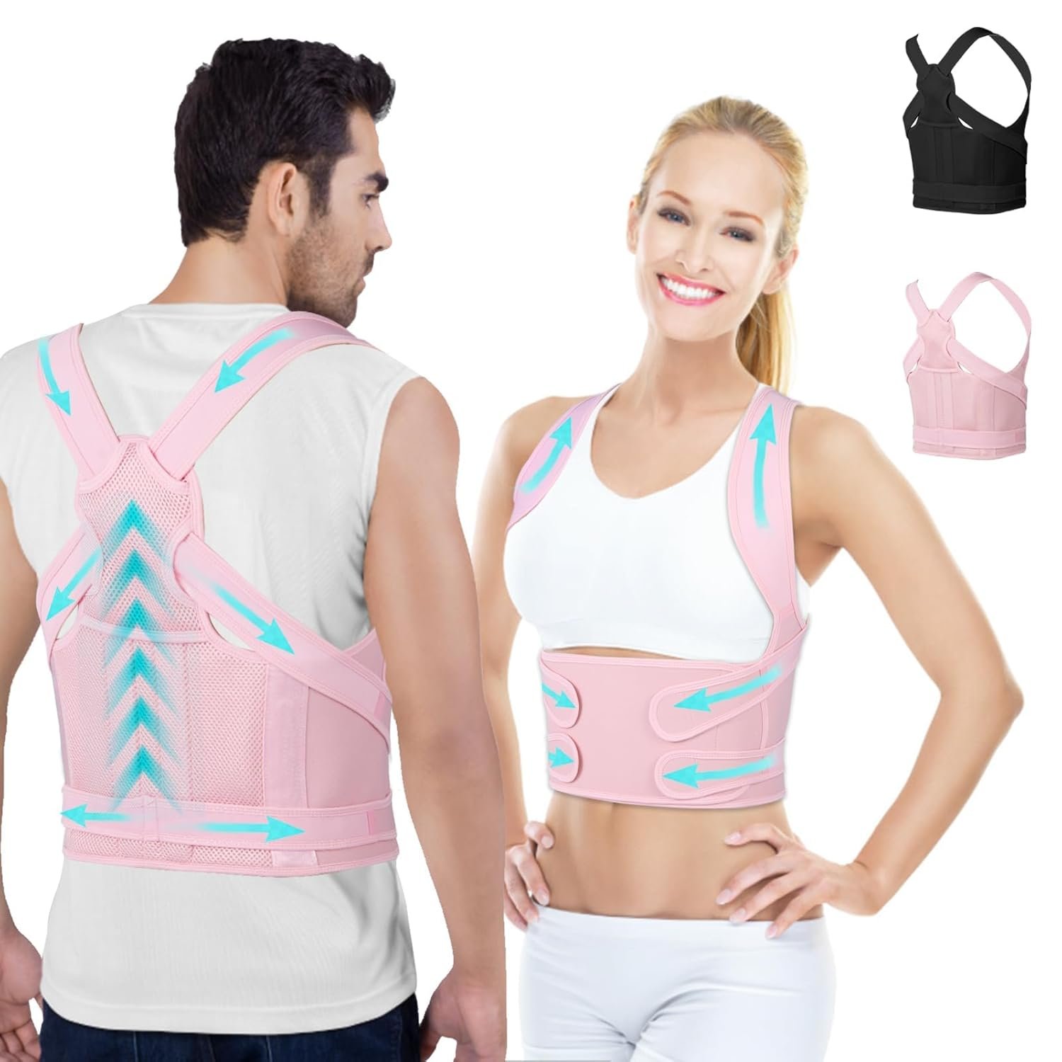 Posture Corrector for Women and Men,4 In 1 Adjustable Full Back Brace,Posture Braces Can Relieve Upper and Lower Back Pain, Shoulder Braces for Hunchback,Scoliosis, Lumbar Spine, Spine（Medium Pink）