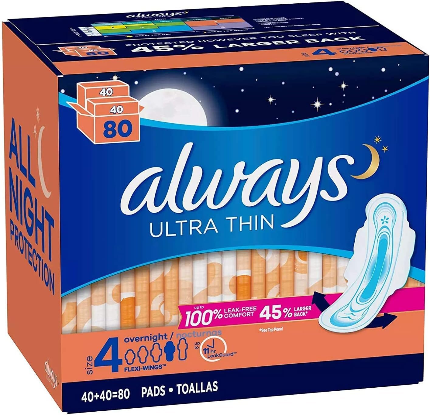 Always Always Ultra Thin Size 4 Overnight Pads with Wings Unscented 80 Ct.