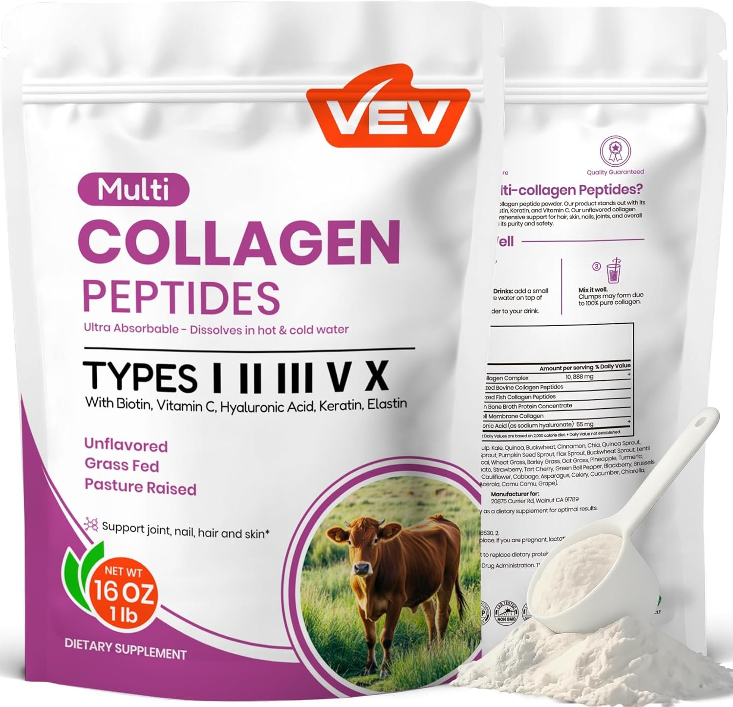 VEV Multi Collagen Peptides Powder, 16 oz (41 Servings) – Type I, II, III, V, X, Hydrolyzed Collagen, Hyaluronic Acid, Biotin, Vitamin C, Supports Skin, Unflavored, Dissolves Easily