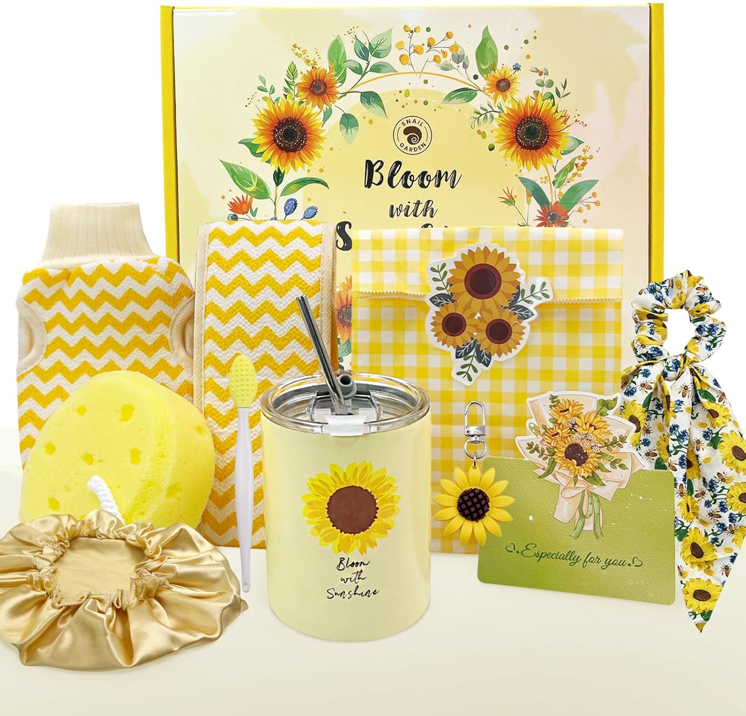 SNAIL GARDEN Sunflower Gifts for Women – with Bath Accessories, Sunshine Gifts with 304 Stainless Steel Tumbler, Exfoliating Glove, Back Scrubber, Loofah, Shower Cap, Lip Brush, Hair Tie, Keychain