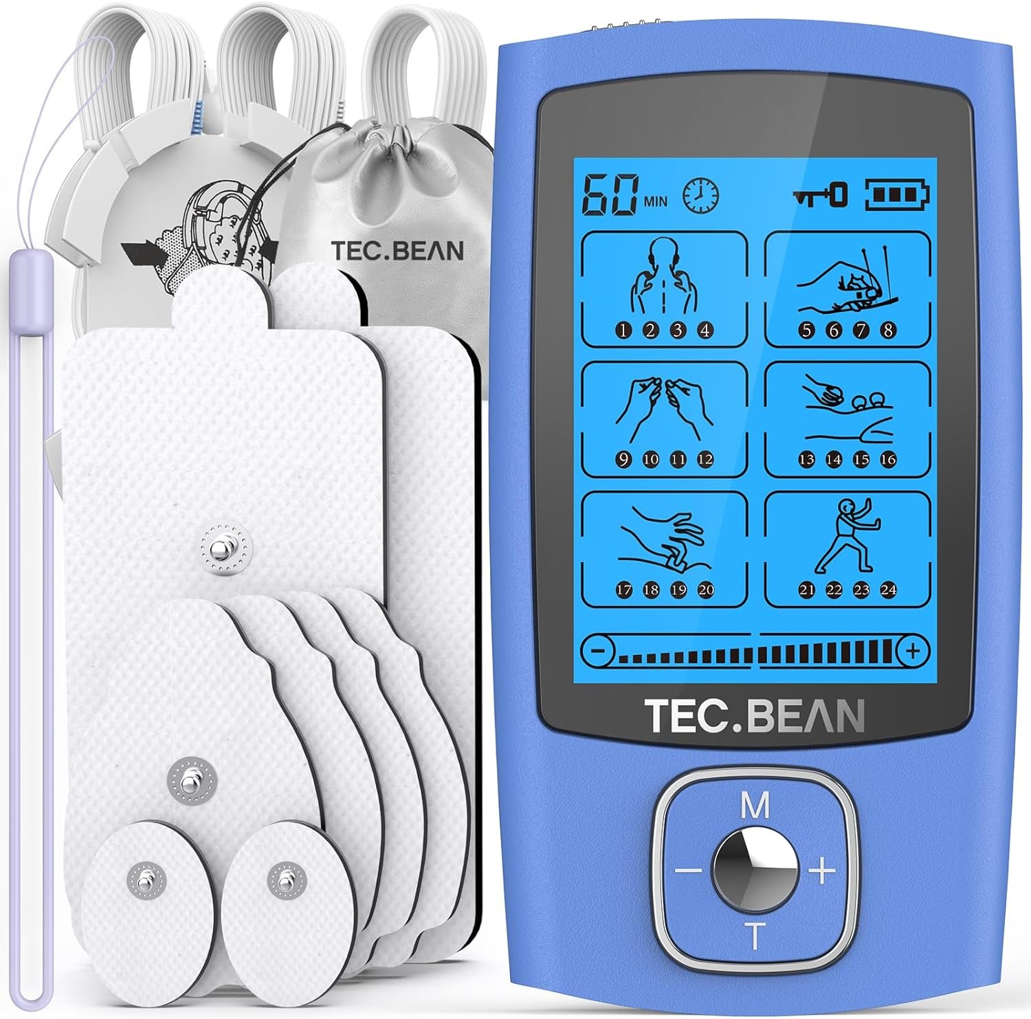 24 Modes Tens Unit Muscle Stimulator, Rechargeable Tens Machine with 8 Electrode Pads (American Gel), Electric Pulse Massager for Pain Relief Therapy（Blue）