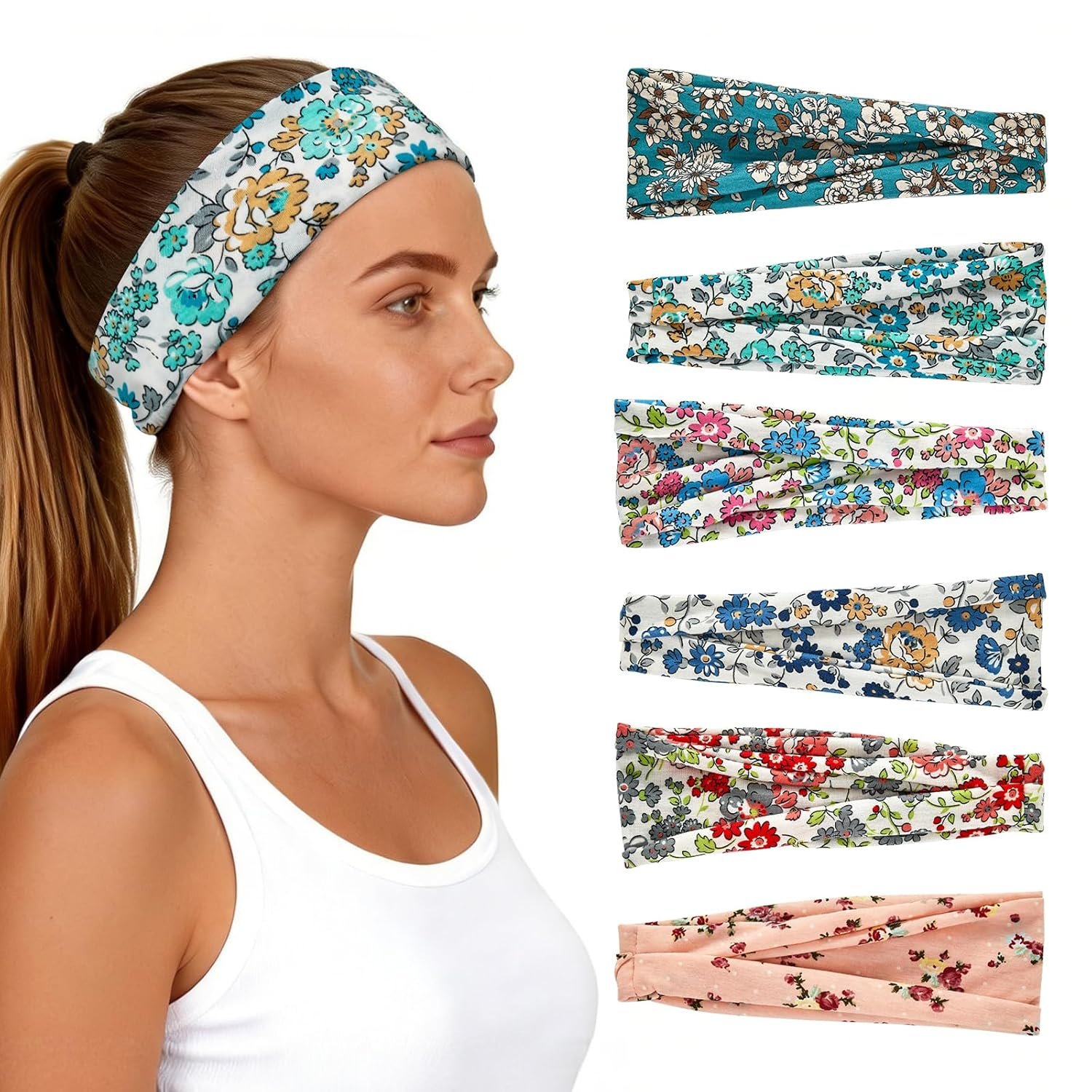 Headbands for Women 6 Pack – Wide Floral Boho Head Bands, Running Workout Washing Face Thin Hairbands，Elastic Non Slip Comfortable Thick Sweatband, Fashion Sport Makeup Spa Hair Accessorie