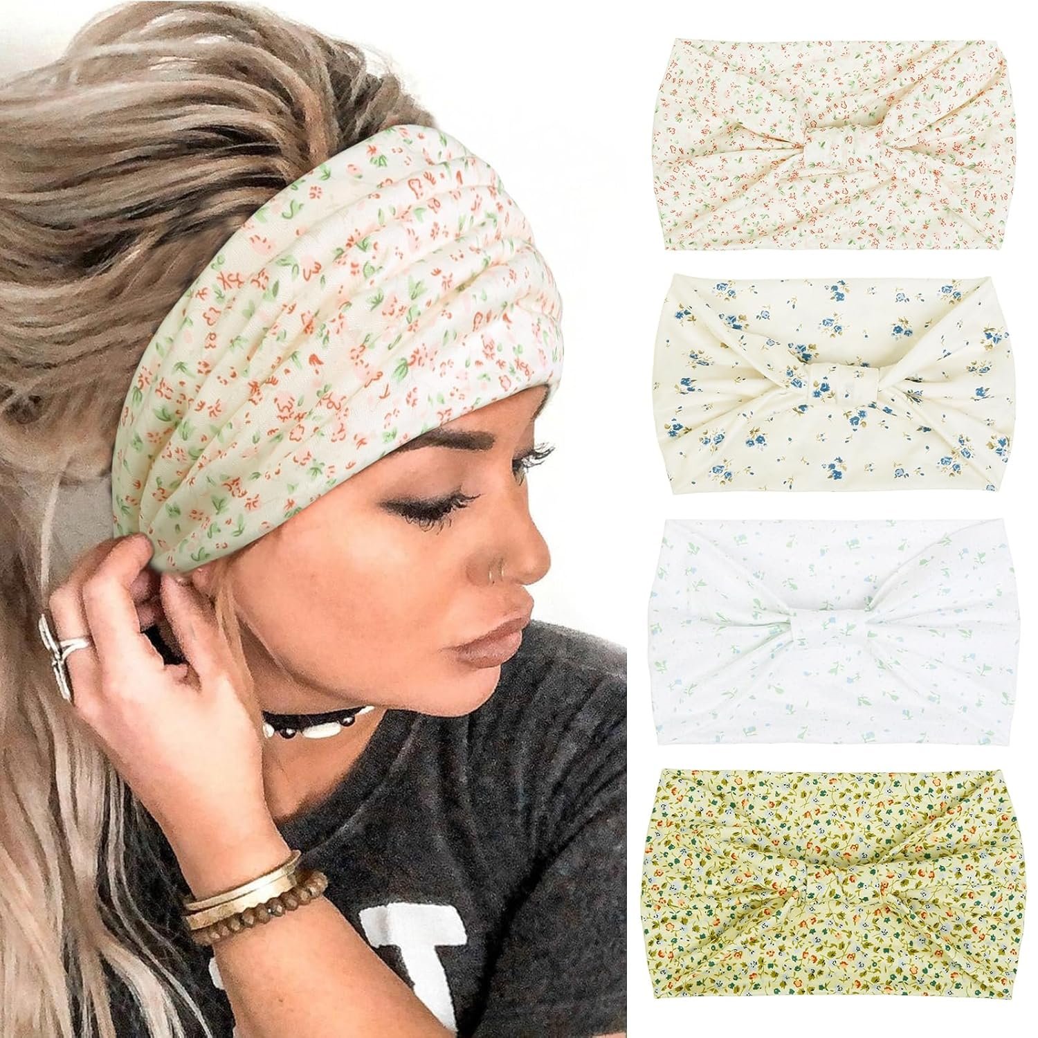 4 Packs Wide Headbands for Women Knotted Non Slip Fashion Cute Floral Printed Head Bands for Women’s Hair Large African Bandana Boho Hairbands Yoga Running Sports Workout Thick Turban Hair Accessories