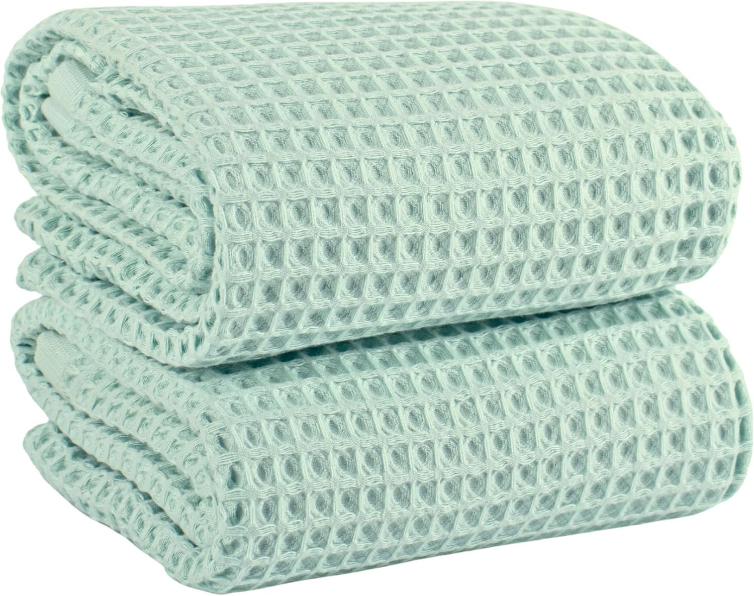 PÜSKÜL Natural 100% Turkish Cotton Waffle Bath Towels Set of 2-Piece | 32×63 inch Extra Large Absorbent Quick-Dry Lightweight Spa Towel | Luxury Sauna Accessories (Ice Green Bath Towels – Pack of 2)