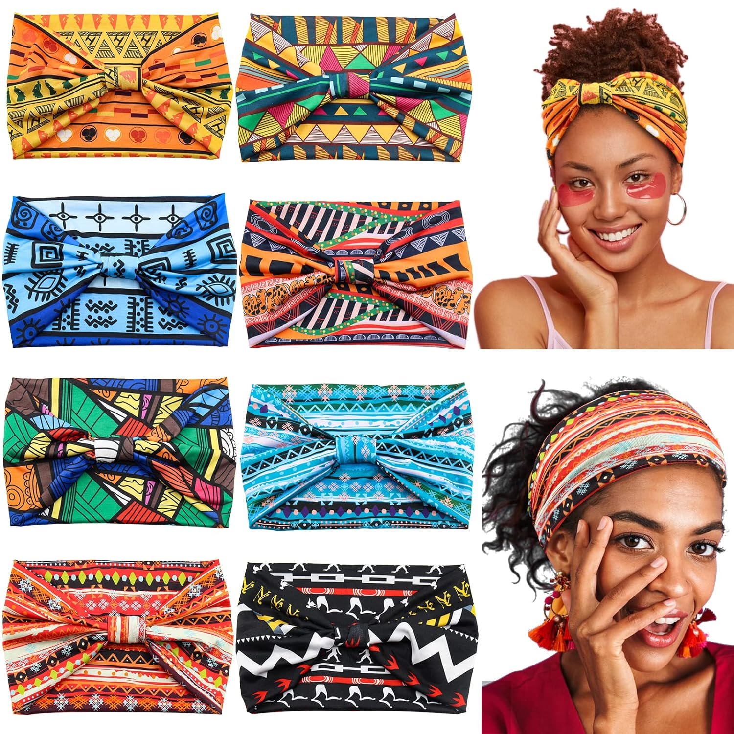 Yeshan Women’s Wide Boho Knotted Non-Slip Turban Headwraps – Stretchy Bandeau Hair Bands for Sports, Yoga, Workouts, Pack of 8