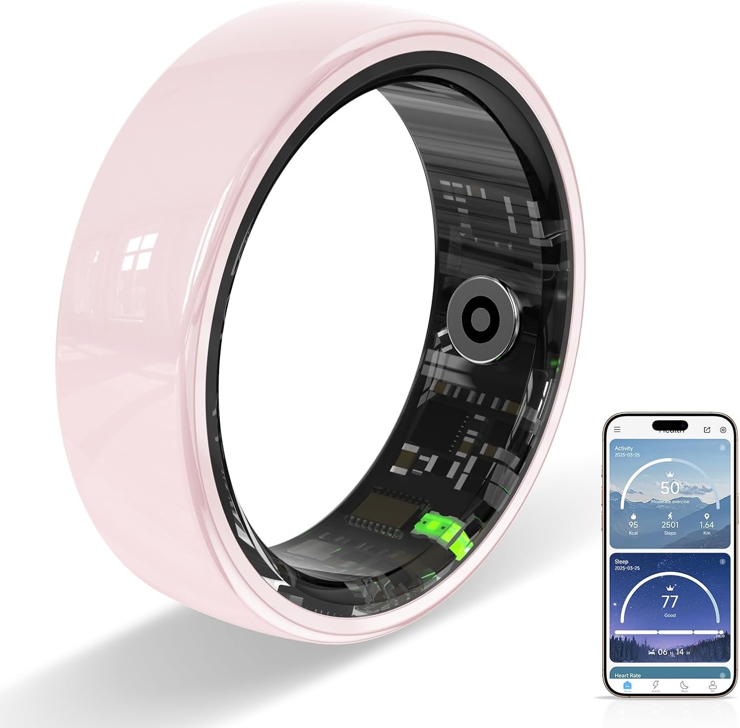 Ceramic Ring,Smart Ring for Women, Auto Exercise Recognition,Gesture Control,Fitness Tracker with Heart Rate Monitor,Sleep Tracking, Step Counter, for iOS & Android (Pink, 8)