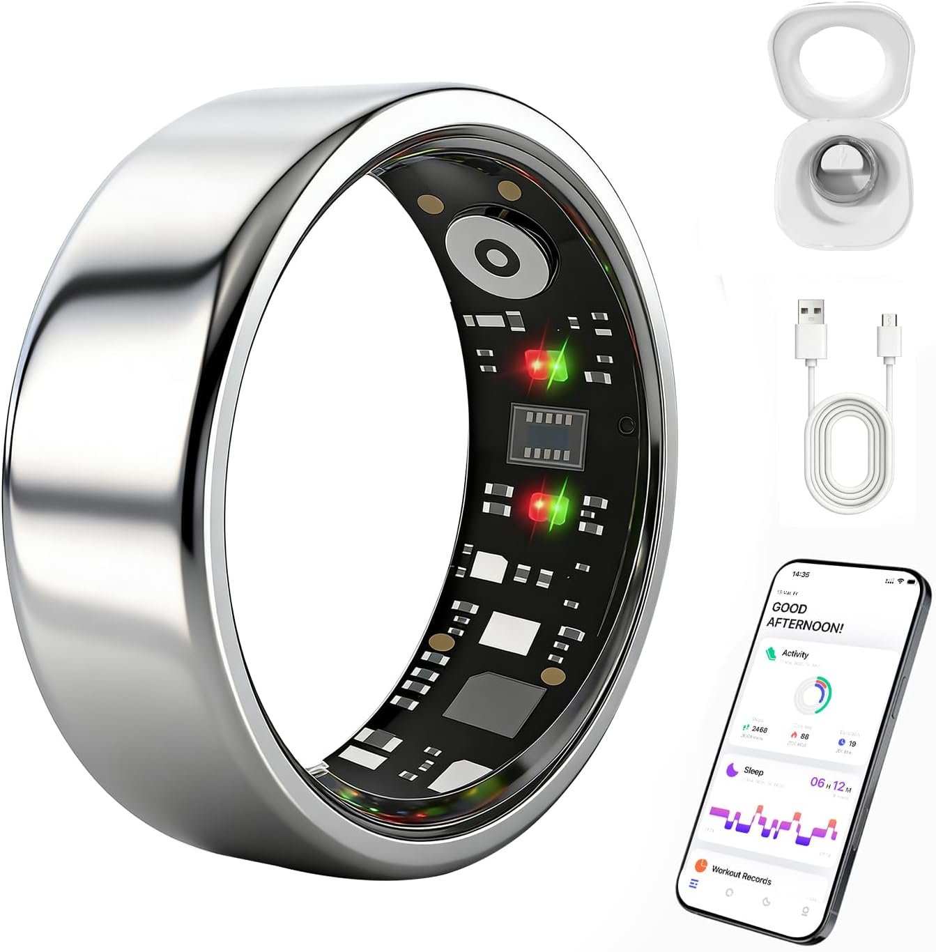 Smart Ring for Women Men, IP68 Waterproof Health Tracker with No Subscription Fee, Sleep and Stress Monitoring, Activity Fitness Ring, Android/iOS Compatible(Silver,9)