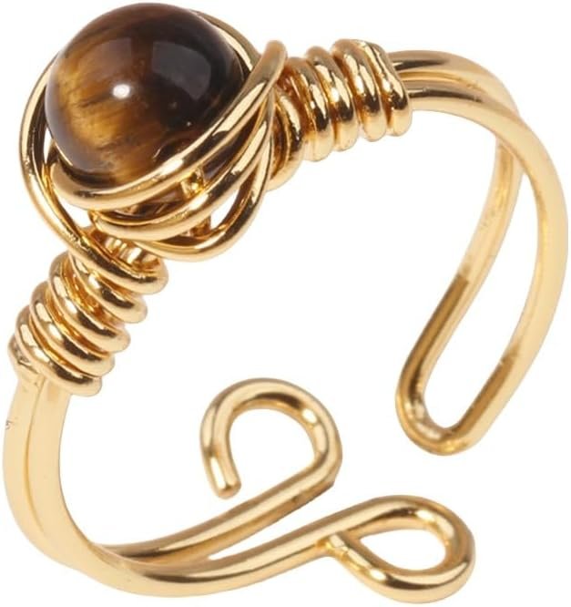 Chakra Crystal Ring Adjustable Gemstone Rings Wire Wrapped Irregular Crystal Ring Gemstone Carnelian Rose Quartz Amethyst Evil Eye Tiger Eyes Crystal Ring for Women