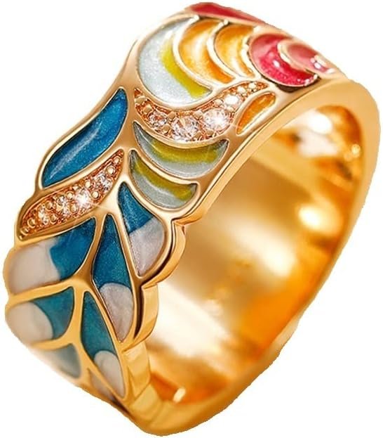 Flower Leaves Pattern Enamel Wide Ring for Woman,Party Crystal Vintage Jewelry,18K Gold Plated Half Eternity Rainbow Ring Wedding Band