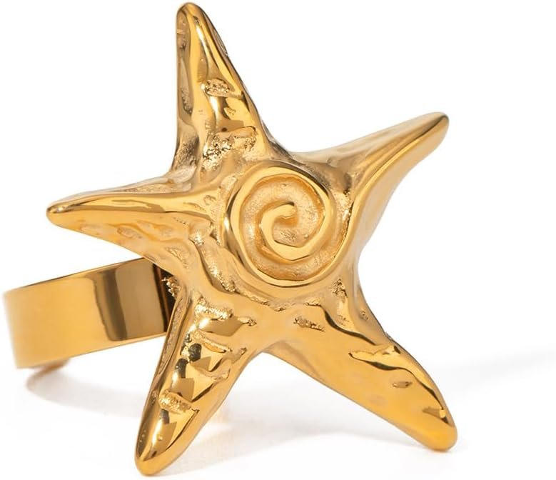 OIDIMS Vintage Starfish Statement Ring for Women Gold-Tone-Tone Stainless Steel Fashion Adjustable Ocean Sea Style Open Wrap Finger Rings Comfort Fit Chic Holiday Summer Party Jewelry Dainty Gift
