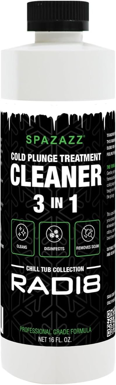 Spazazz Radi8 Cold Plunge Cleaner– 3-in-1 Water Treatment Formula for Ice Bath & Cold Plunge Tubs – Removes Scum, Cleans, Controls Odors – Dye Free & Skin Safe – 16 fl oz Bottle