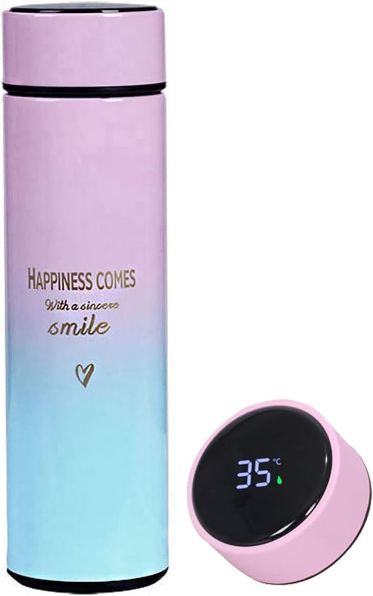 Smart Water Bottle Insulated Water Bottle Coffee Bottle Travel Coffee Mug Flasks for Hot and and Cold Drinks 16.9 oz/500ml (Gradient pink))