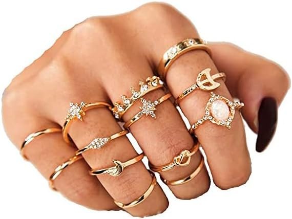 INENIMARTJ Boho Rings for Women Teen Girls,Gold Stacking Rings Set Vintage Knuckle Stackable Moon Star Snake Butterfly Heart Flower Leaf Top Finger Rings