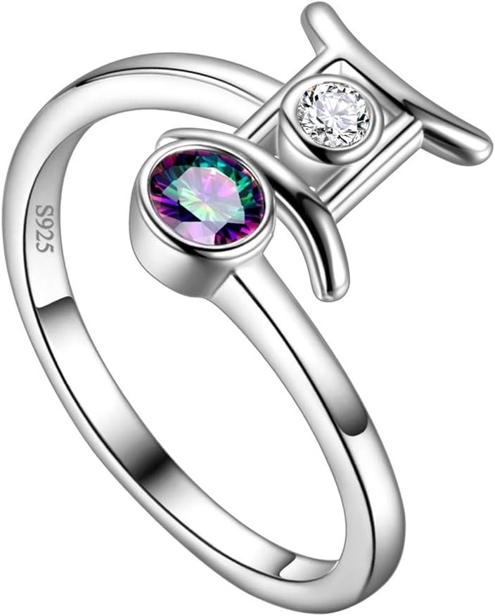 Adjustable Zodiac Sign Ring 925 Sterling Silver Fine Jewelry Gifts Rainbow Mystic Topaz Zirconia 12 Constellation Ring Astrology Cute Scorpio Ring Celestial Zodiac Jewelry Birthday for Women Girls
