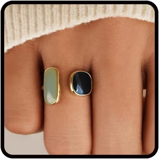 LIU JUN Layered Gold Ring For Women, 14k Gold Plated Enamel Paintings Open Rings Adjustable Fashion Creative Gift Jewelry