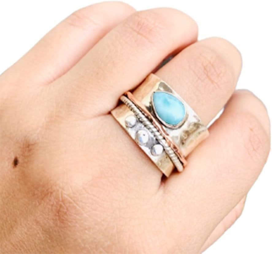 Fidget Spinner Ring, Larimar Rings For Women, 925 Sterling Silver Ring, Larimar Spinner Ring, Boho Spinner Ring, Silver Band Thumb Ring, Wide Band Silver Ring, Women Ring, Minimalist Ring