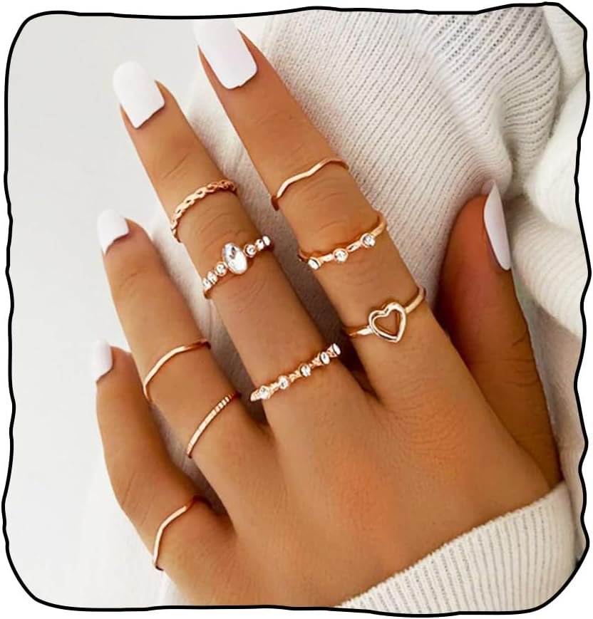 Boho Rings Set Gold Ring Crystal Joint Knuckle Finger Rings Stackable Ring Jewelry for Women (F)