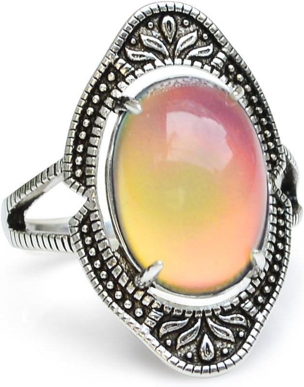 Vintage Style Antique Silver Plating Brass Oval Stone Color Change Mood Ring Size Adjustable For Women