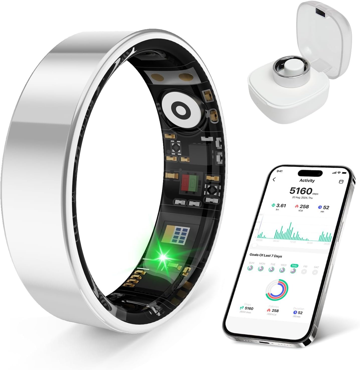 Smart Ring Health Tracker， Sleep/Exercise Monitoring, iOS/Android, IP68 Waterproof, No Subscription, 5-Day Battery for Women & Men (Steel, 7)