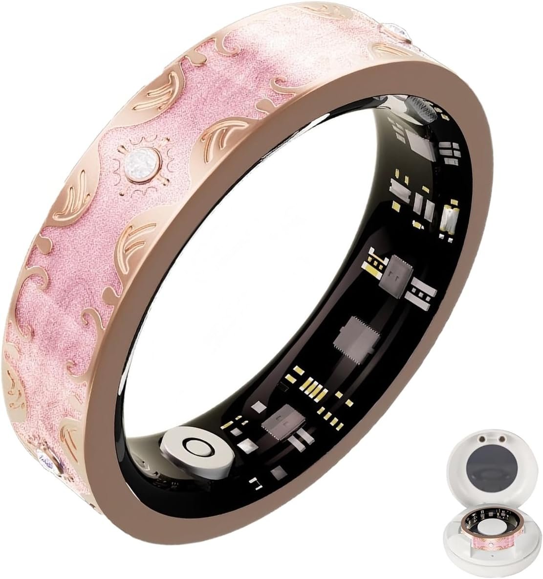 Retro Bluetooth Smart Ring for Women Fitness Tracker Ring with Heart Rate, Sleep Monitoring, Blood Oxygen, Step Counting for iOS and Android (Pink, 8#)