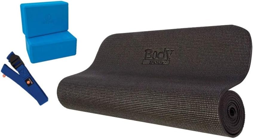 Body Sport 4-Piece Yoga Kit, (1) 72 in. x 1/4 in. Fitness Mat, (2) Blue Blocks, (1) 6 ft. Exercise Strap – Beginner Set for Home Fitness & Gym Workouts
