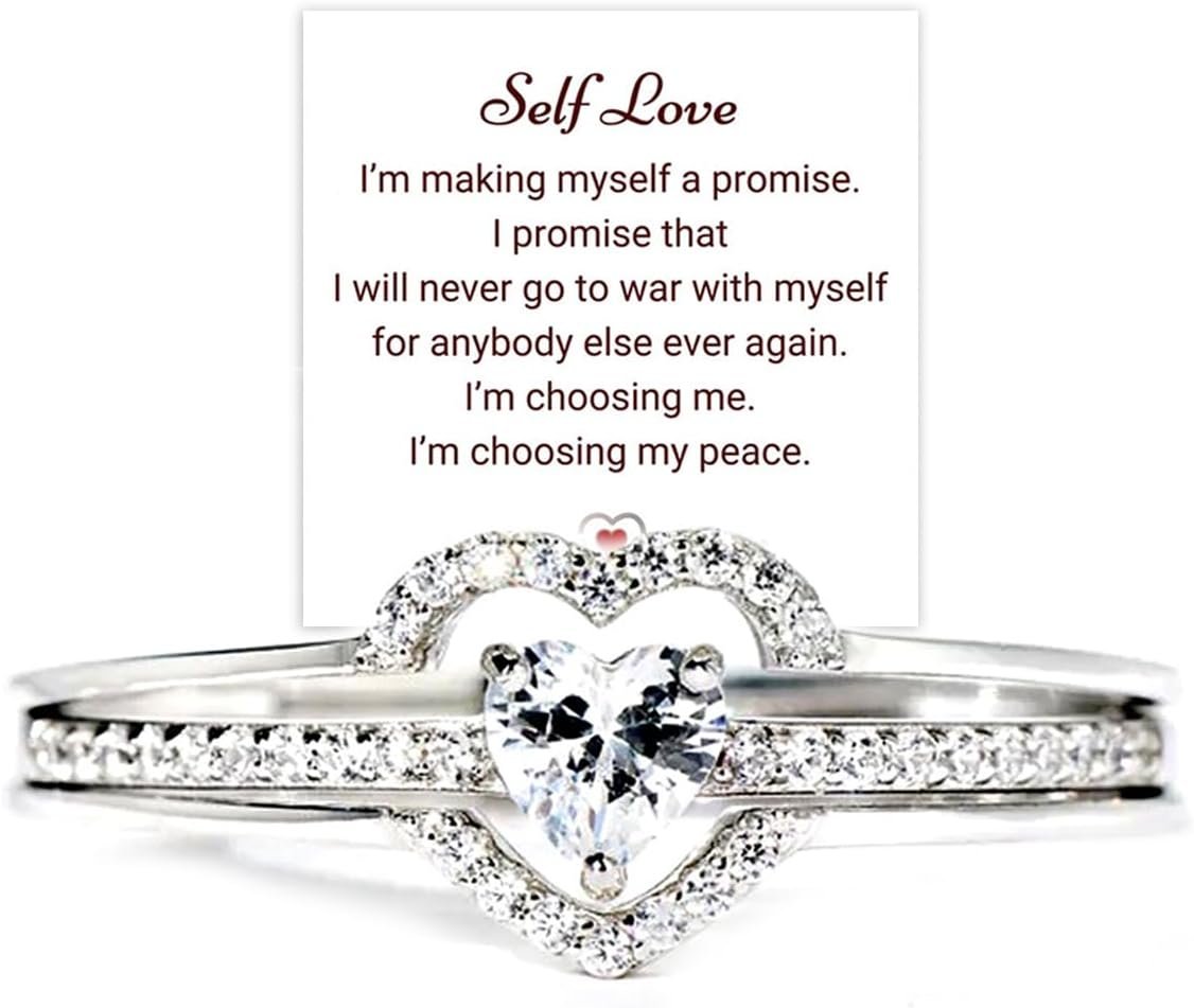 I Choose Me Layered Heart Rings for Woman, 2PCS S925 Self-Love Heart Ring Remind You That Self-Love Is The Best Kind Of Love, Inspirational Encouraged Ring Jewelry Gift for Her