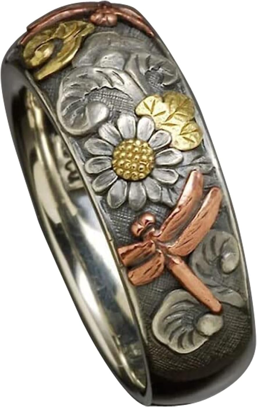 Vintage Silver and Rose Gold Color Carved Dragonfly Sunflower Ring Unique Metal Flower Rings Women Engagement Party Ring Jewelry