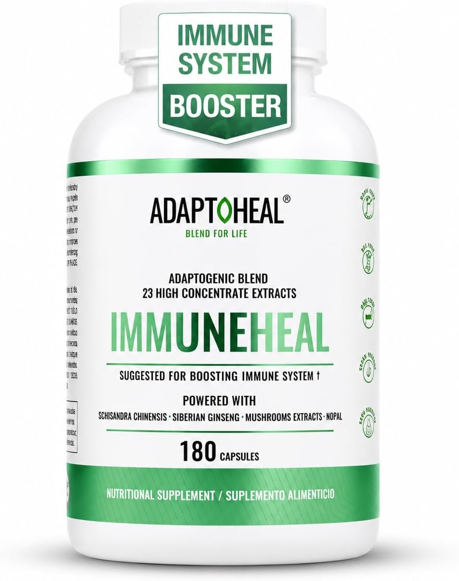 ADAPTOHEAL Immuneheal Immune System Support Supplement – Adaptogenic Blend – 23 Concentrate Extracts with Reishi, Ginseng & Astragalus – Daily Wellness Support – 180 Capsules