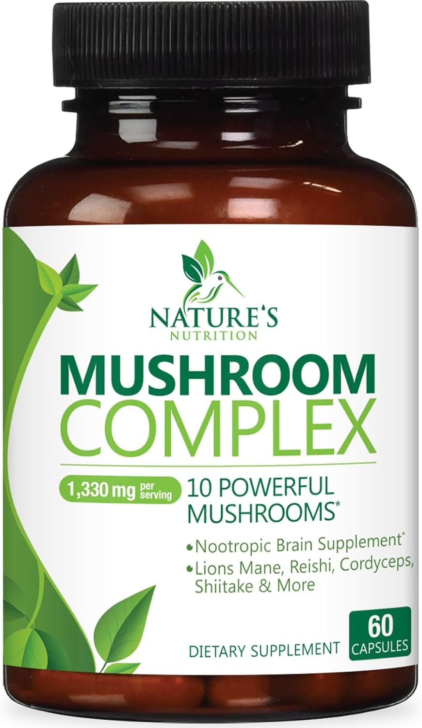 Mushroom Brain Supplement 10 in 1 Blend – High Strength Mushroom Complex with Lions Mane, Turkey Tail, Reishi, Cordyceps, Chaga & Brain Nootropic Complex for Memory & Focus Support – 60 Capsules