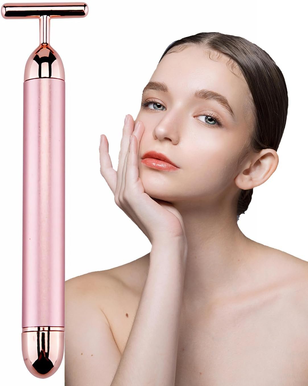 Beauty Bar 24K Gold Facial Massager – Face T Shape Tool for Skin Care Tightening with Ergonomic Design (Pink)
