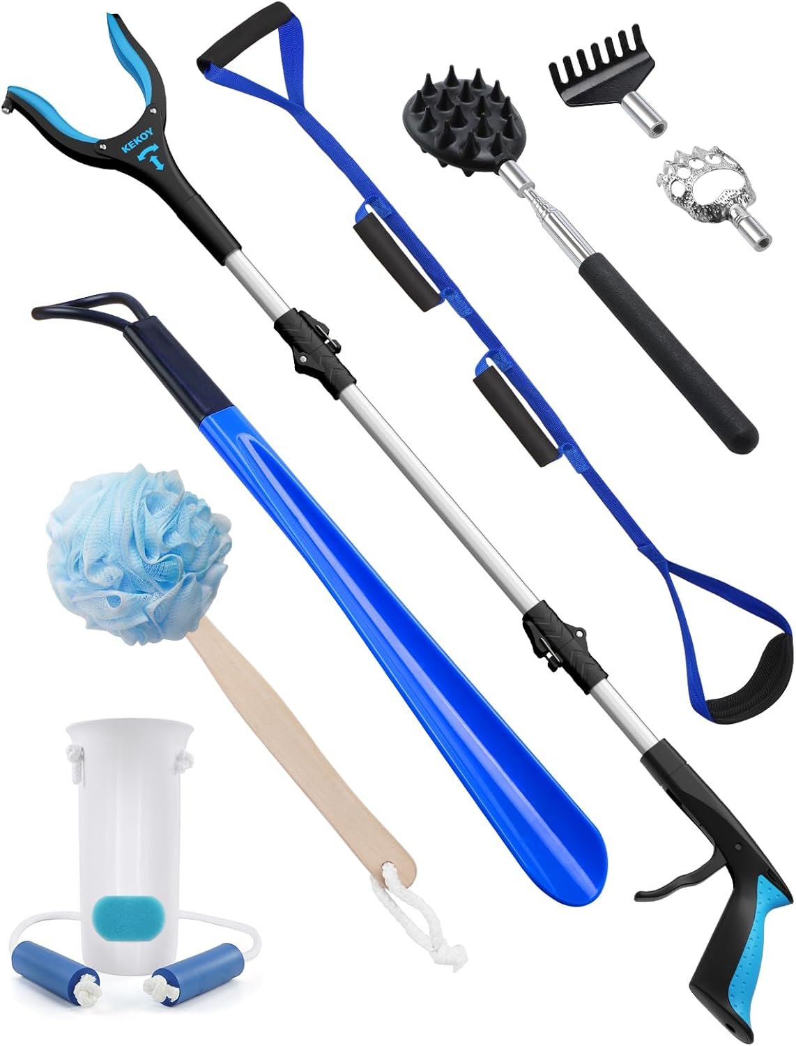 Kekoy 8 in 1 Hip Kit, Seniors Total Hip Replacement After Surgery with 36″ Grabber Reacher Tool, Sock Aid Device, Leg Lifter, Long Handle Shoe Horn, Bath Sponge, Telescoping Back Scratcher(Blue)