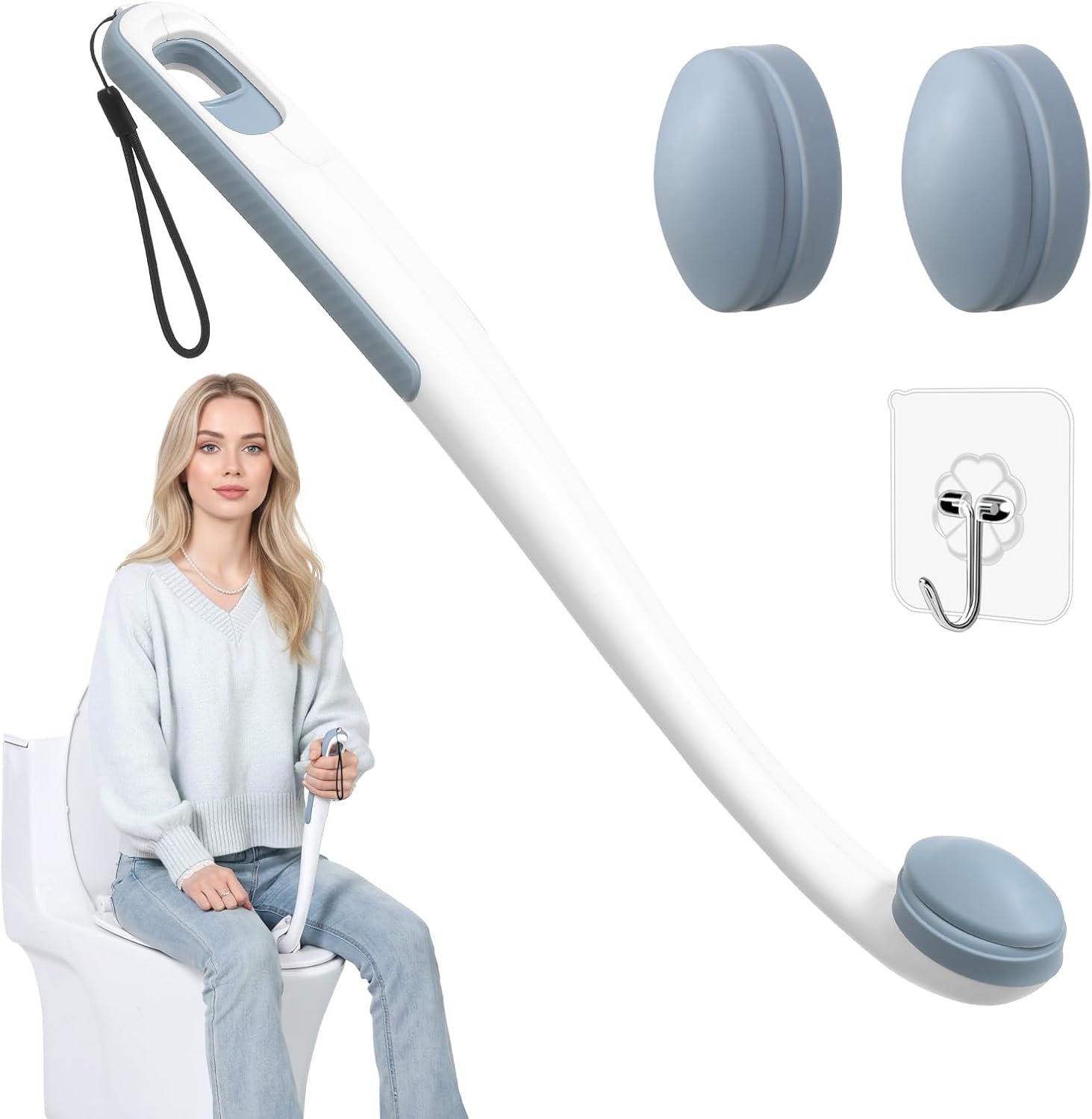 Toilet Aids for Wiping Bottom, 16.5″ Long Reach Comfort Wipe – Butt Wiper Tool with Replaceable Head & Wrist Strap – Bottom Buddy Wiping Aid for Elderly, Disabled, Overweight, Post-Surgery