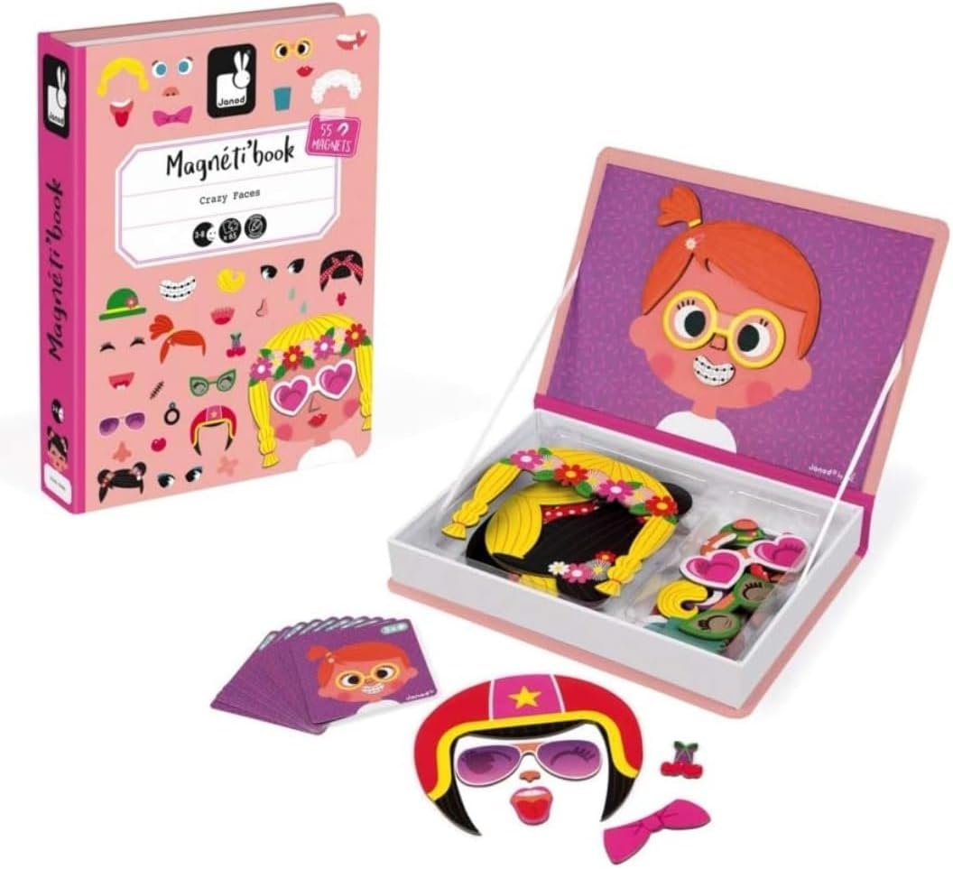 Janod MagnetiBook 66 pc Magnetic Girl Crazy Face Dress Up Game – Ages 3+ – Creative Play – Enhances Creativity and Learning – Includes 55 Magnetic Pieces and 10 Cards