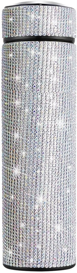 17 oz Bling Stainless Steel Water Bottle LED Temperature Display Smart Rhinestone Vacuum Water Bottle Glitter Bottles Diamond Vacuum Flask Mug Gift Girls Women (500ml),AB