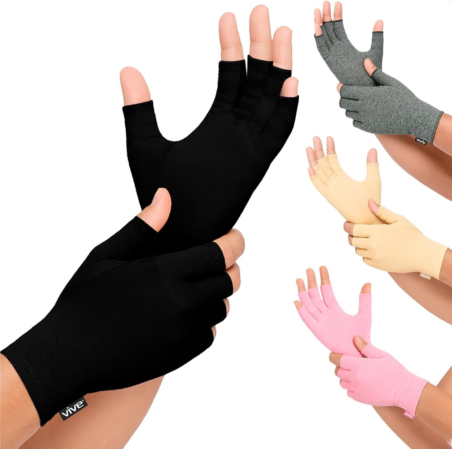 Vive Rheumatoid Arthritis Gloves – Men and Women Fingerless Compression Wrap for Hand Pain and Osteoarthritis – Black Hand Wrap for Arthritic Joint Symptom Relief – Open Finger Fit